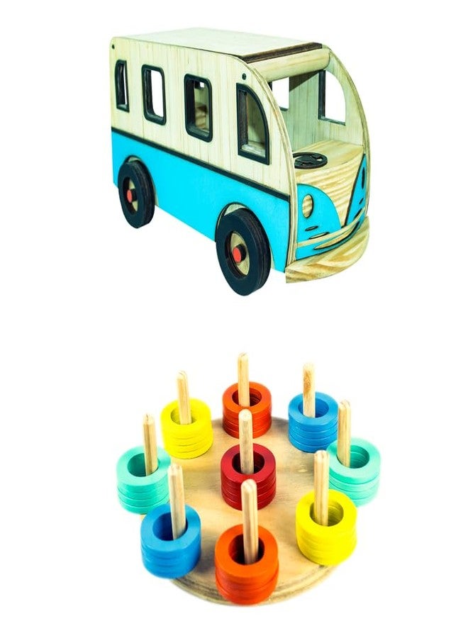 Techny Birds Technybirds Wooden Toy Bus and Wooden Ring Sorter Combo | Educational Toys for Kids | Montessori Learning Toys | Shape and Color Recognition Toys | Fine Motor Skills Development - Image 1